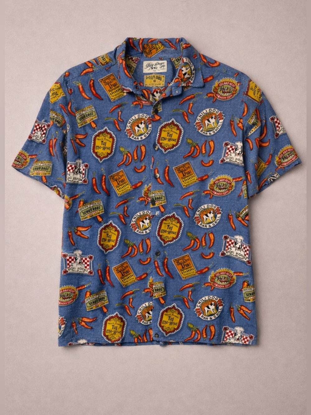 Big Dog Chili Pepper Hawaiian Shirt 4X Blue Rayon Button Front Novelty Print